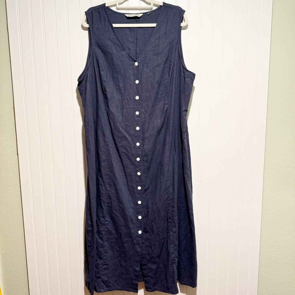 Soft by Avenue Blue Linen Sleeveless Dress Button Front Midi Length Plus Size 22